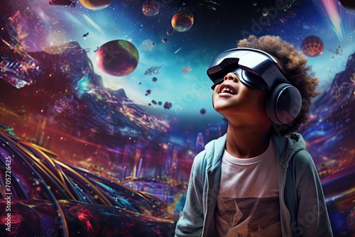 Child experiencing virtual reality with a VR headset, surrounded by a magical cosmos of planet stars and sky lights.