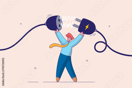 Business continuity concept. Energy recharge or connecting people to advance or surpass work difficulty concept, businessman manager connecting power cord to continue business.