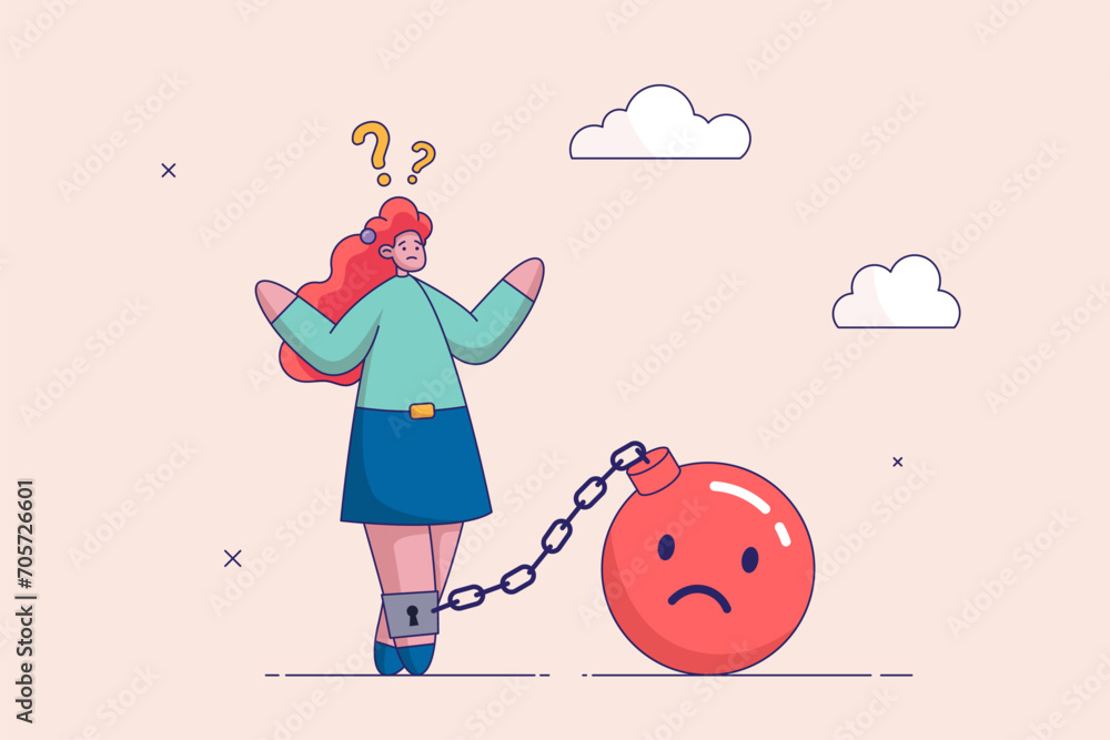 Stressed burden. Mental health or depression, overworked or overwhelmed concept. Anxiety or negative thinking, anger or emotional causing problem, depressed businesswoman chain with sad face burden.