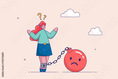 Stressed burden. Mental health or depression, overworked or overwhelmed concept. Anxiety or negative thinking, anger or emotional causing problem, depressed businesswoman chain with sad face burden.