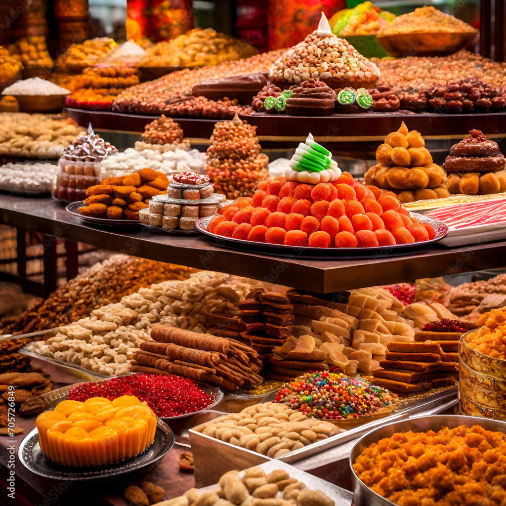 Traditional Sweets Display: Showcase an array of traditional Ramadan sweets and desserts.