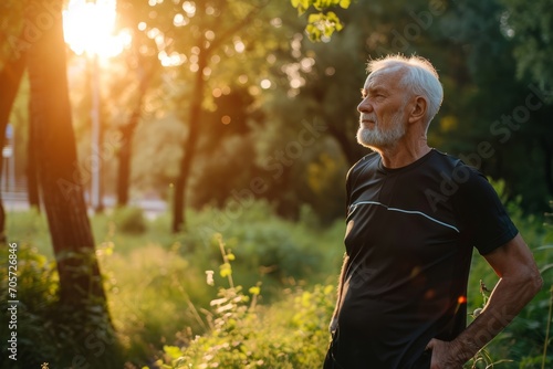 An elderly man in sportswear enjoying nature in a city park. AI generative