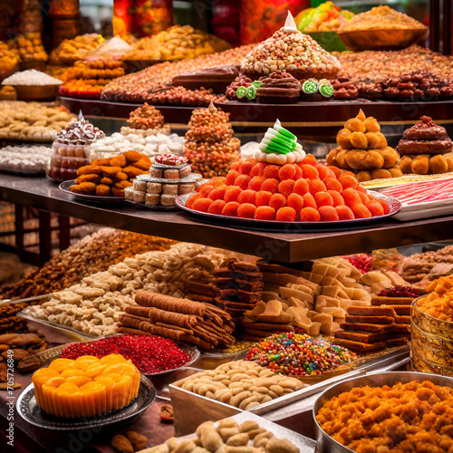 Traditional Sweets Display: Showcase an array of traditional Ramadan sweets and desserts.