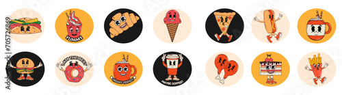 Set of stickers in groovy style. Food, drinks, hot dogs, pizza, burger, cocktails, cake, croissant, donut, chicken fries, coffee, tacos. Vector stock illustration. Isolated. Hippie. Psychedelic. Retro