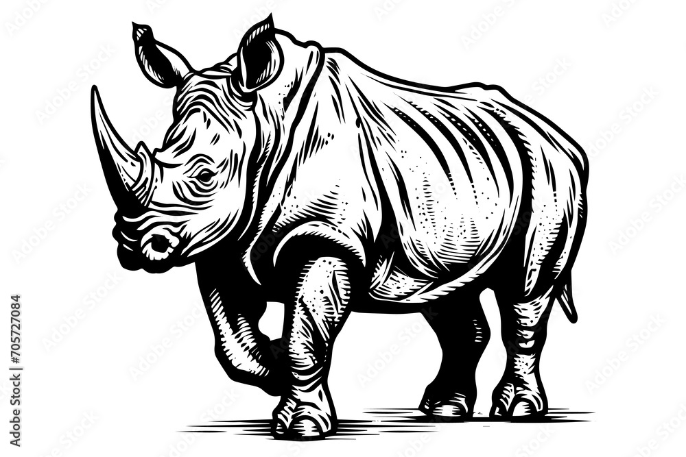 Rhino hand drawn ink sketch. Engraved lined style with bold lines . Black and white vector.