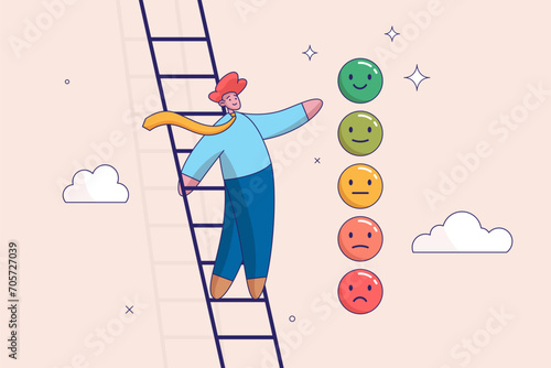 Feedback or appreciation rating concept. Customer satisfaction, positive score or good quality service, customer experience vote, young man climb up ladder to give positive smile feedback rating.