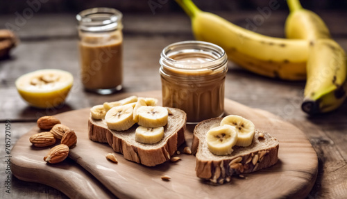  Sapore Nutriente- Toast con Crema di Noci e Fettine di Banana su Tagliere di Legno photo