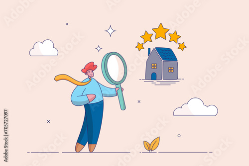 Rating or real estate review concept. Property appraisal or price evaluation, housing assessment for market value, residential sale, businessman appraiser magnifier review property with star rating.