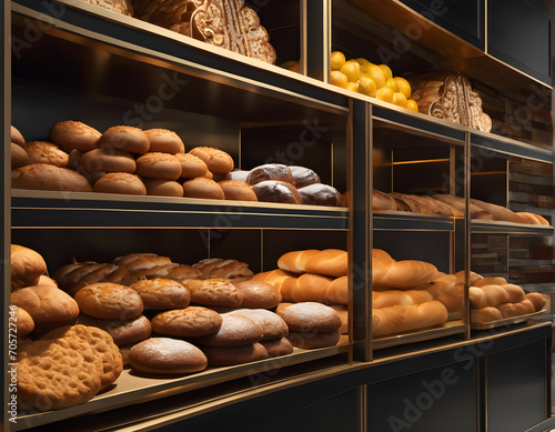 Bread and baked goods are on the shelf ready for sale and consumption