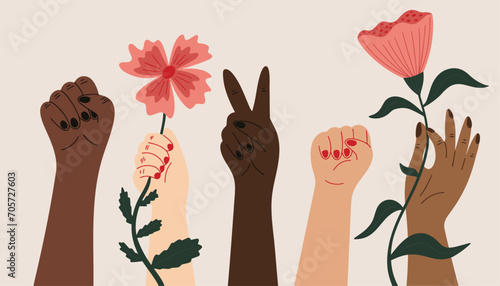 International Women's Day concept March 8 vector illustration with cartoon hand gestures, signs, peace symbol, feminist, Women's rights, bouquet of flowers, girls power, diversity, different races photo