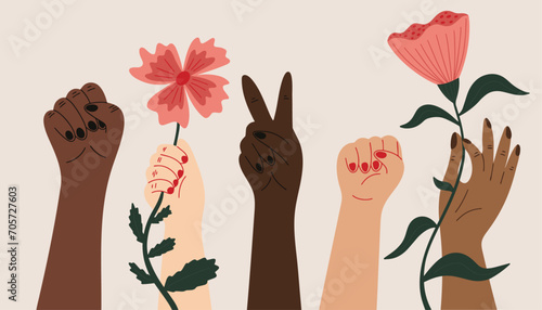 International Women's Day concept March 8 vector illustration with cartoon hand gestures, signs, peace symbol, feminist, Women's rights, bouquet of flowers, girls power, diversity, different races