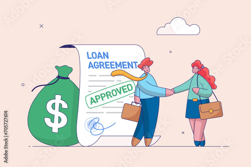 Loan agreement concept, mortgage, debt or obligation to pay back interest rate, borrow money from bank, personal loan or financial support, businessman shaking hand with loan agreement and money bag.