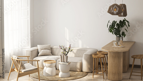 Living room wall mockup. Cozy interior house background. Modern apartment interior design. 3D render 