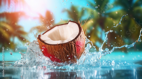 Quench your thirst with nature's nectar, Coconut water, a splash of refreshment, served in a ripe fruit, against a bokeh summer beach backdrop photo