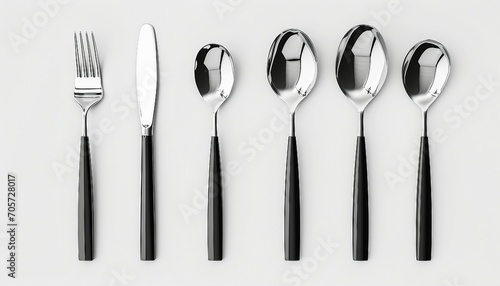 Realistic cutlery. 3D forks and knives or spoons. Isolated metal objects for table setting on white background  3d realistic cutlery set with table knife  spoon  fork  tea spoon and fish spoon.