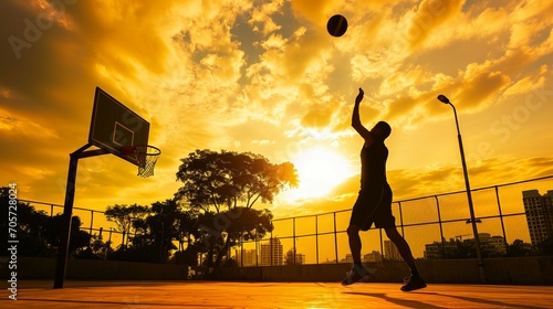 Urban Twilight: Basketball Solitude in Vibrant Skies