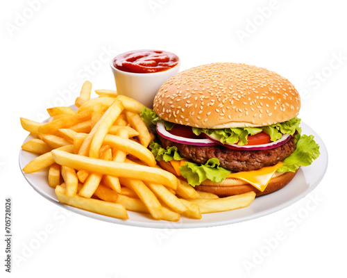 hamburger with french fries on transparent background