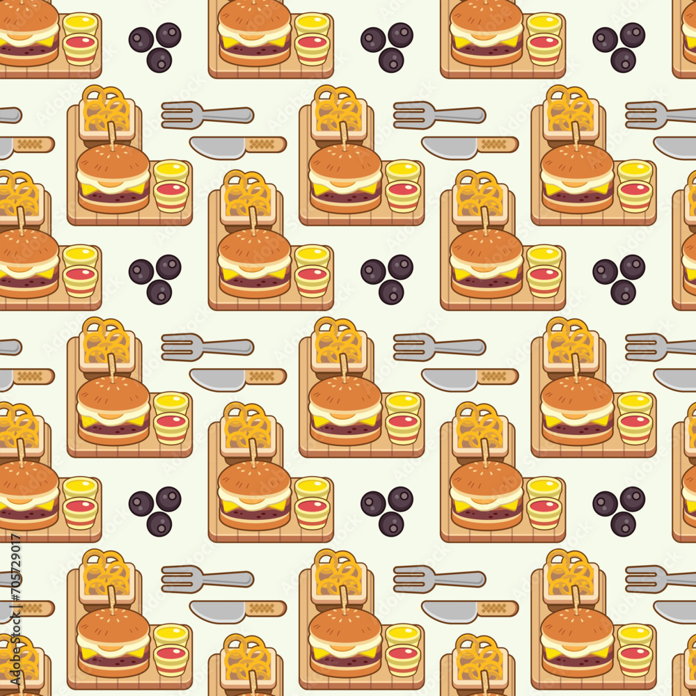 burger with onion rings with chilli sauce and ketchup seamless pattern