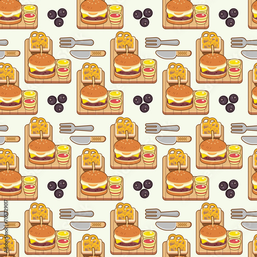 burger with onion rings with chilli sauce and ketchup seamless pattern