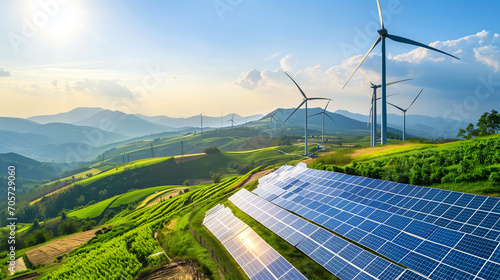 Renewable Energy and Eco-Friendly Lifestyle: Wind Turbines, Solar Panels, Zero-Waste, Organic Farming, and Sustainable Technology in Harmony with Nature photo