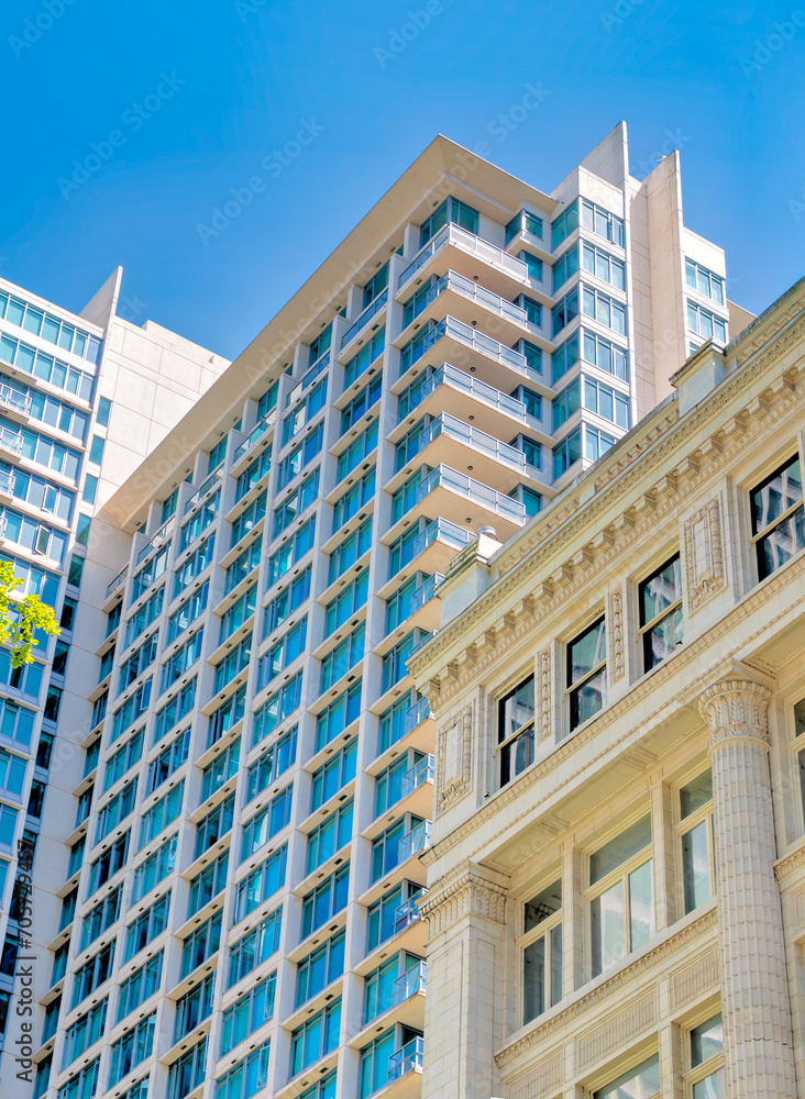 Architecture of historic and modern buildings in downtown of Vancouver, Canada