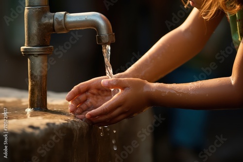 Child washes his hands with water from street water pump. Generative AI