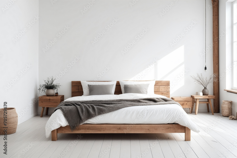Rustic wooden bed against empty white wall with copy space. Scandinavian loft interior design of modern bedroom Rustic wooden bed against empty white wall with copy space. Scandinavian loft interior design of modern bedroom