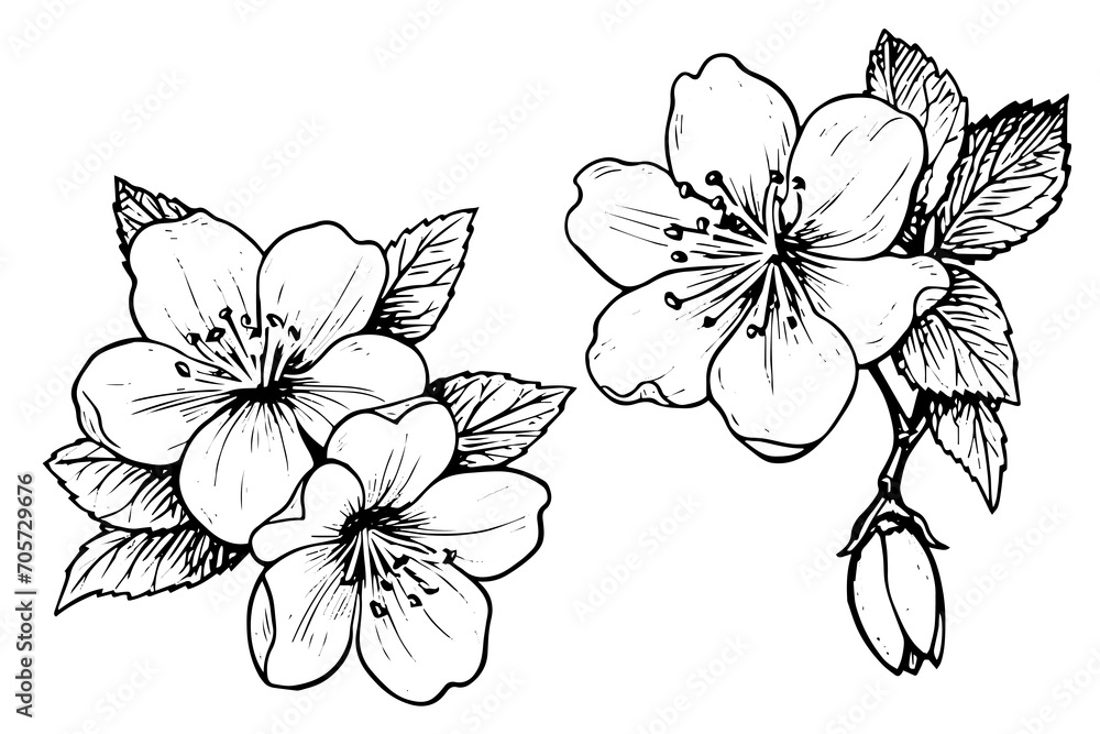 Sakura flower hand drawn ink sketch. Engraved style vector illustration ...