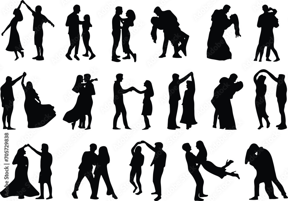 Fototapeta premium set of silhouettes of dancing couples, people, romantic couples, dancing, flat graphic resources