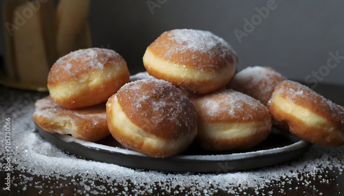 Tłusty czwartek. Pyszne pączki na talerzu. Smakowity poranek. photo