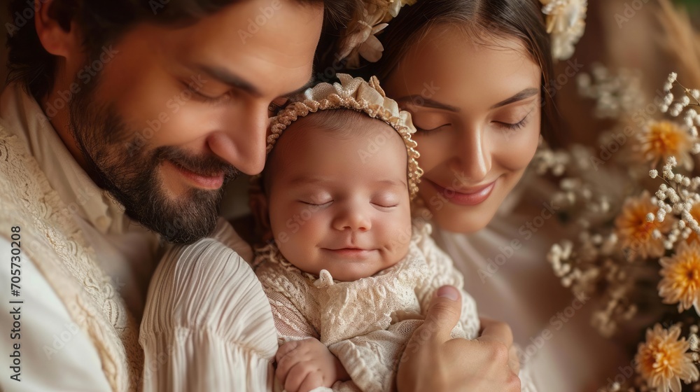 Portrait of Indian parents with newborn baby, Portrait of Indian parents with newborn baby,