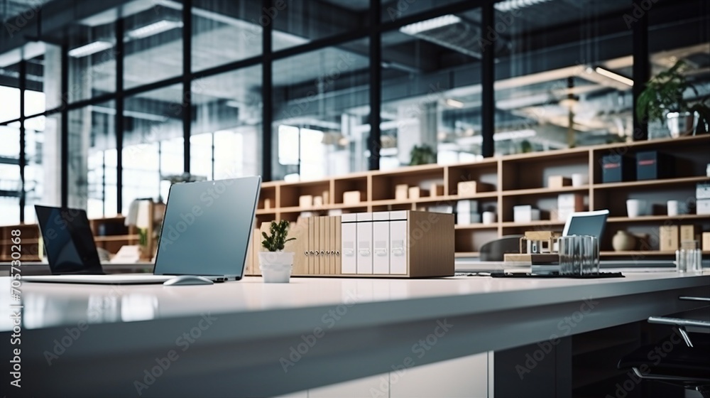 Corporate hustle in a modern city: Blurred office space background with futuristic architecture, reflecting the dynamic energy of corporate life in the bustling urban landscape.