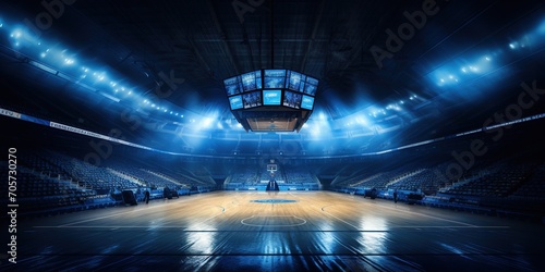 Empty basketball arena, stadium, sports ground with flashlights and fan sits photo