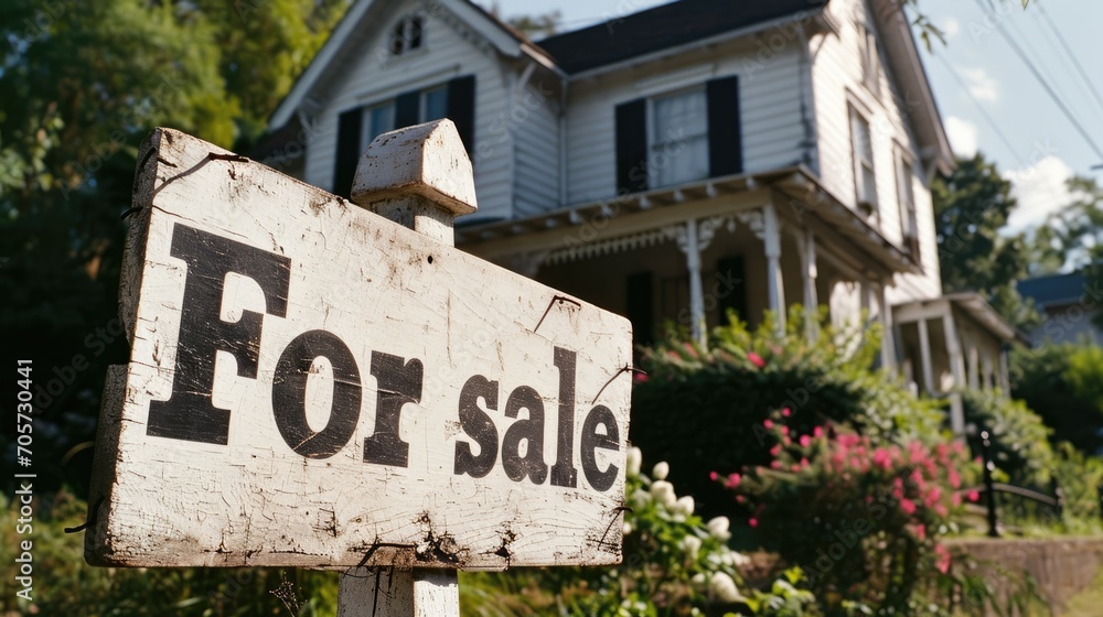 Fototapeta premium Large suburban old house with for sale sign wooden board in the yard. House for sale.