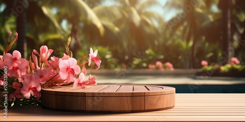 Empty round wooden podium with tender exotic fowers on wooden table opposite tropical spa resort background. Scene stage showcase for beauty and spa products, cosmetics, promotion sale or advertising photo