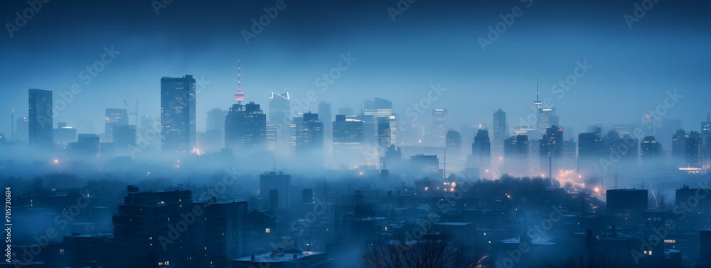 Twilight haze over urban skyline with illuminated buildings