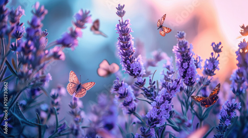 Butterflies fly against the background of a lavender field in bloom in the rays of a pink sunset