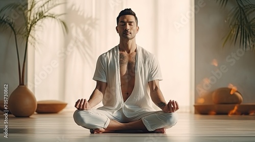 Wallpaper Mural Asian modern man doing yoga meditation in a room. Torontodigital.ca