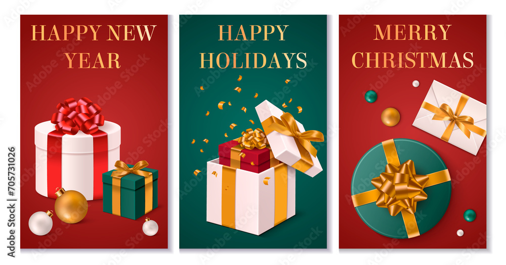Realistic christmas present vertical cards collection with gift boxes and christmas decoration Realistic christmas present vertical cards collection with gift boxes and christmas decoration
