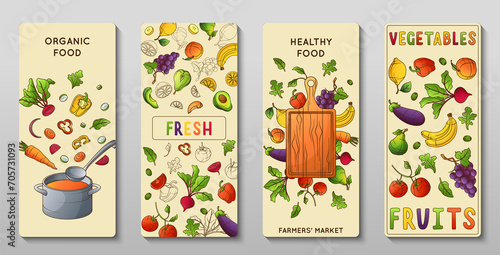Hand drawn organic food vertical banner template collection with fruits and vegetables