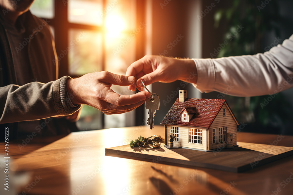 Transacción inmobiliaria. Agente inmobiliario entregando las llaves de una casa a su comprador tras firmar el contrato hipotecario. - obrazy, fototapety, plakaty 