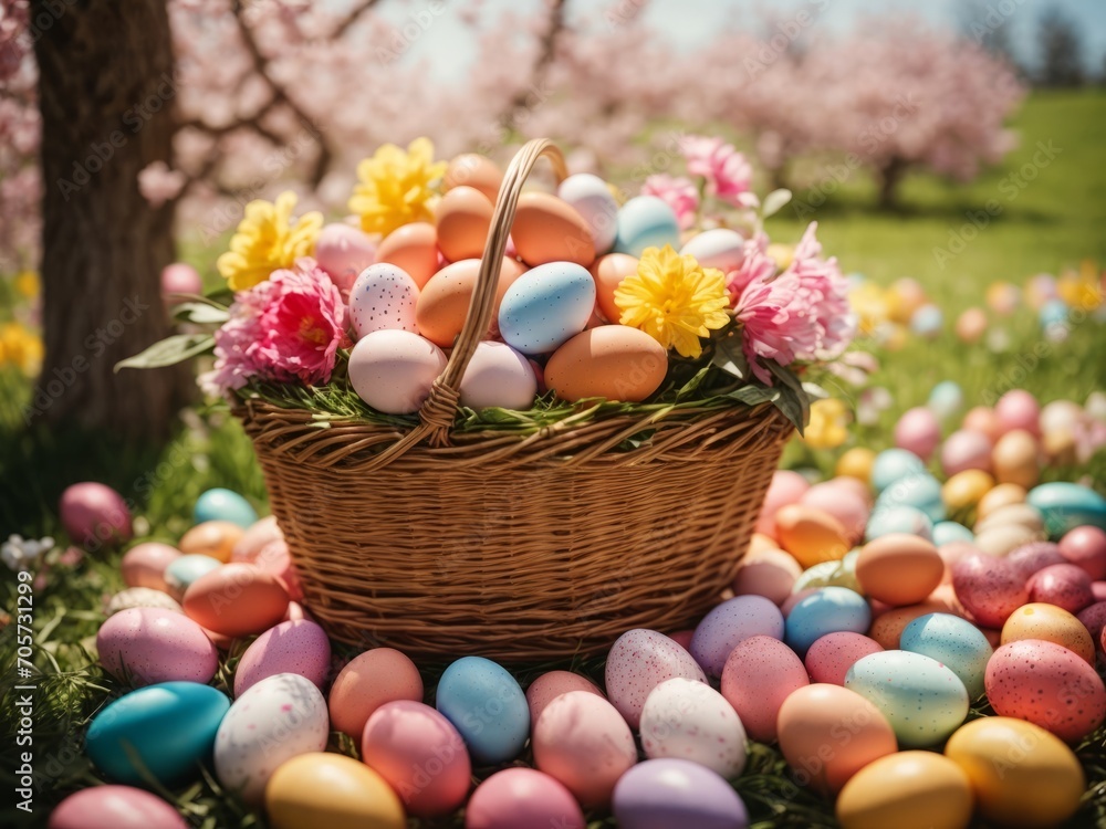 easter basket with easter eggs and flowers easter basket with easter eggs and flowers