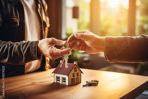 Transacción inmobiliaria. Agente inmobiliario entregando las llaves de una casa a su comprador tras firmar el contrato hipotecario.