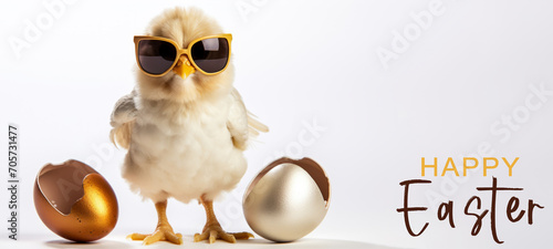 Funny happy easter concept holiday animal greeting card with text - Cool cute little easter chick baby with sunglasses, isolated on white table background photo
