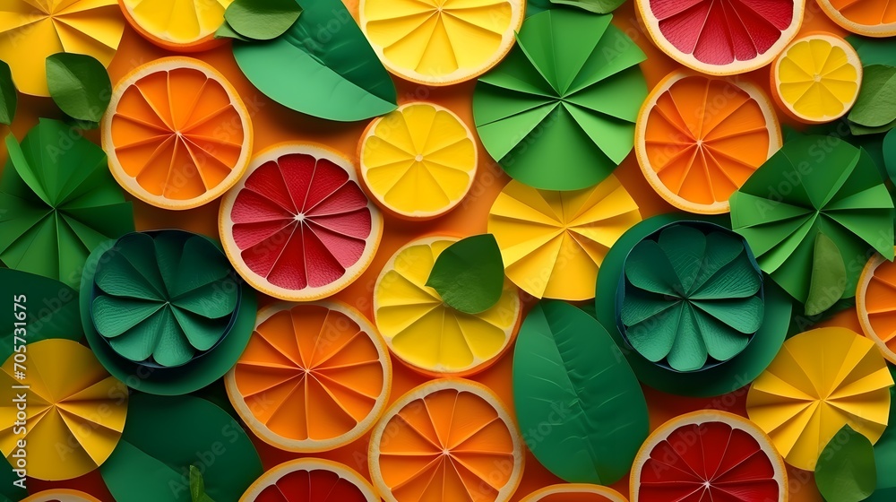 AI generated illustration of an artistic arrangement of freshly cut orange slices and green leaves AI generated illustration of an artistic arrangement of freshly cut orange slices and green leaves
