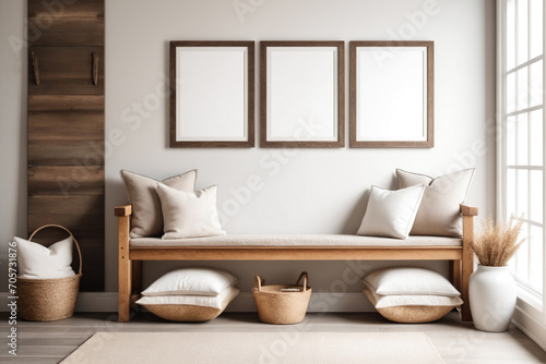 Wooden rustic bench with pillows against wall with two poster blank frames. Country farmhouse interior design of modern home entryway - Mockup