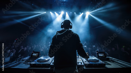 The silhouette of a DJ at a party amidst laser lights