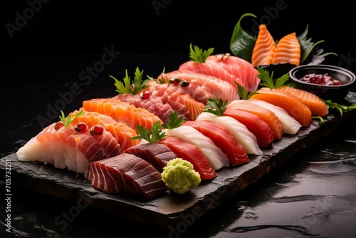 Delicious seafood sushi and sashimi spread on a stone plate. Generative AI