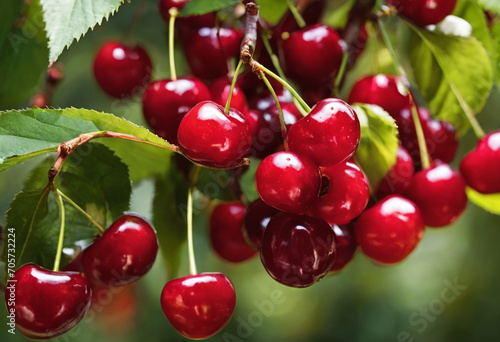 Ripe Red Bliss Up Close with Juicy and Sweet Cherries in the Summer Orchard