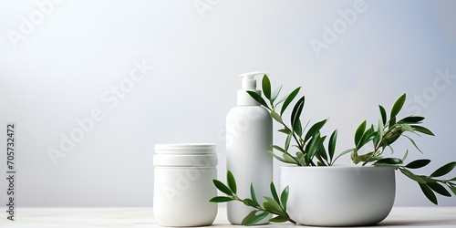 Mock up of natural beauty products. White cosmetic bottles with green leaves on a light neutral background. Soft image and soft focus style. Organic cosmetic products. photo
